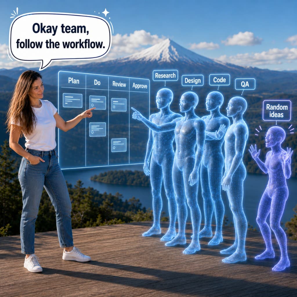 AI-generated illustration of Anastasia leading a team of AI agents through a workflow board in Patagonia.