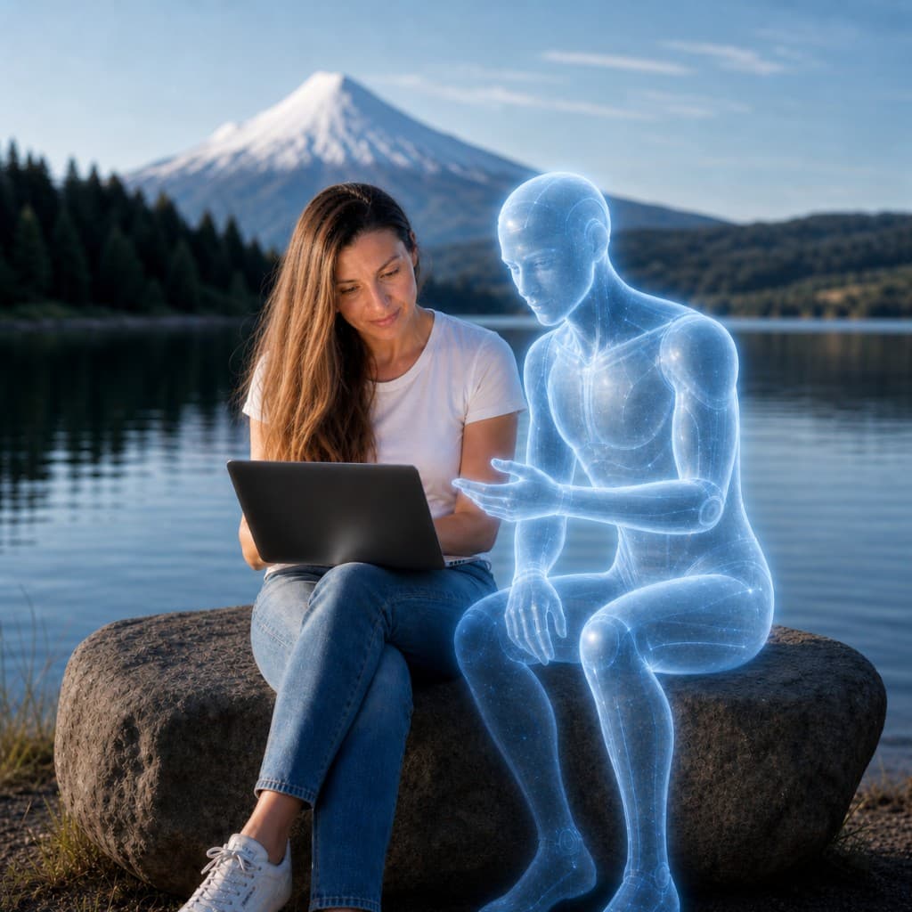 AI-generated illustration of Anastasia working quietly with a translucent AI thinking partner by a Patagonia lake.