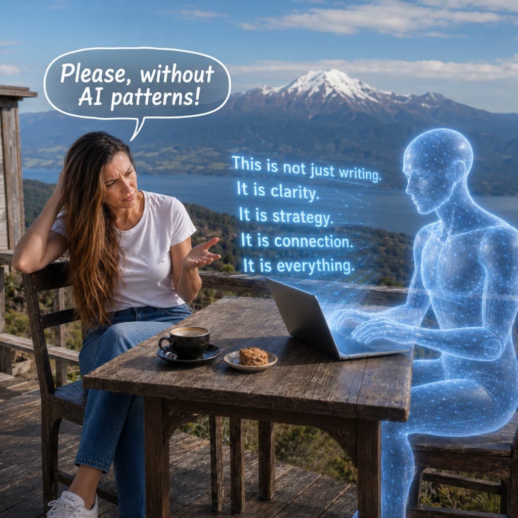 AI-generated illustration of Anastasia reacting to generic AI writing patterns with a translucent AI assistant.