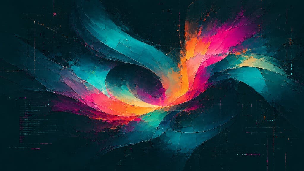 Abstract AI Hub cover image with flowing teal, magenta and orange brushstrokes for a case study about a repeatable AI image system.