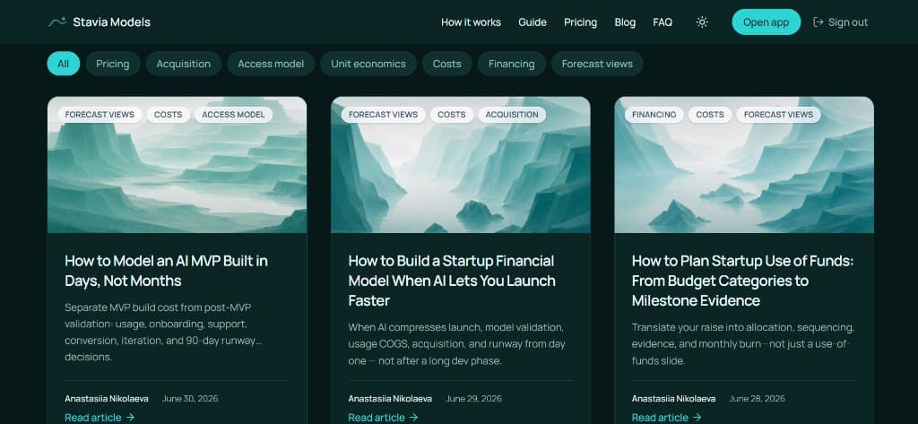 Stavia Models blog index showing recent AI-era financial modeling articles