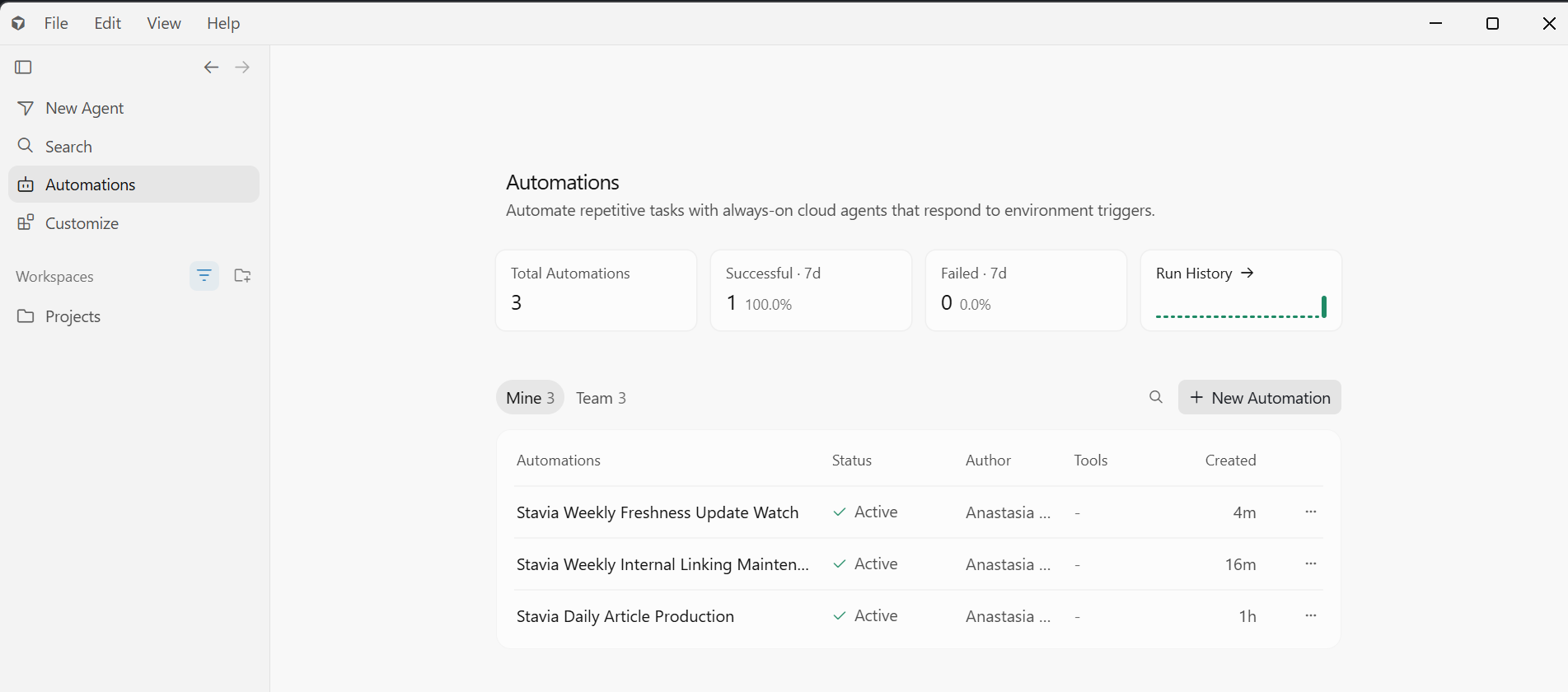 Cursor Automations list showing active Stavia automations