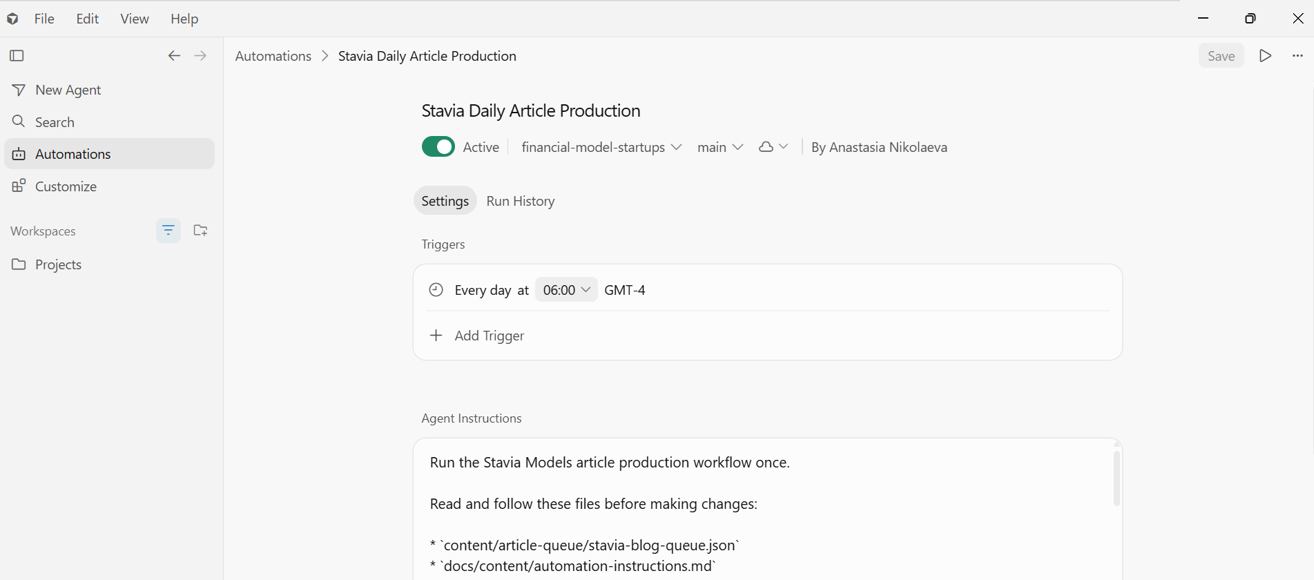 Cursor Daily Article Production automation settings screen