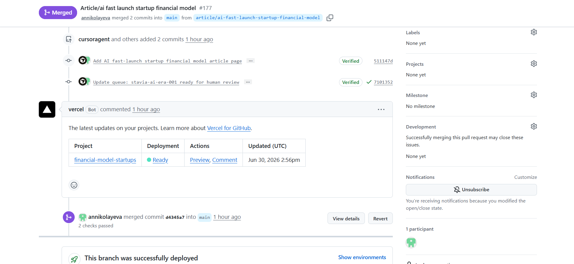 GitHub pull request screen with Vercel preview deployment ready