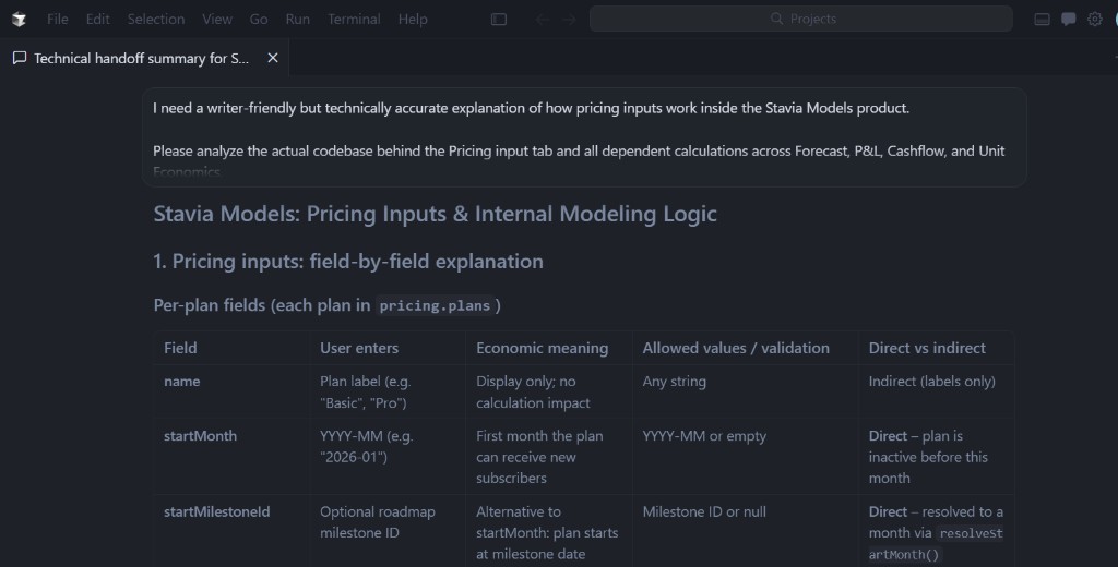 Cursor technical handoff summary explaining Stavia Models pricing inputs and dependent calculations.