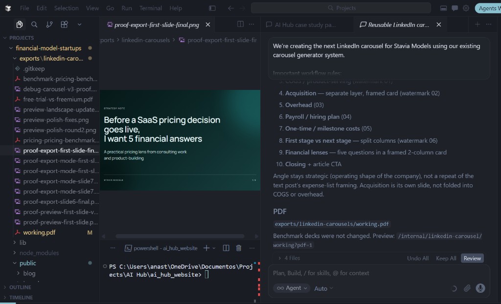 Cursor IDE showing the internal Stavia slide generator with preview and PDF export workflow.