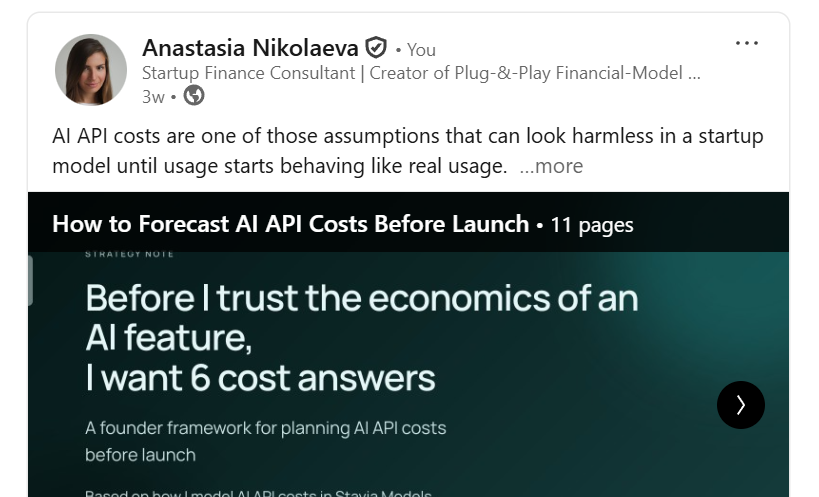 LinkedIn carousel post showing a Stavia Models PDF slide deck on forecasting AI API costs.